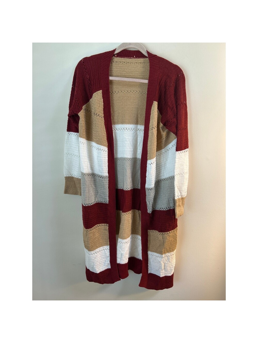 Women's Small Long Open Front Cardigan Burgundy Tan Colorblock Knit Sweater